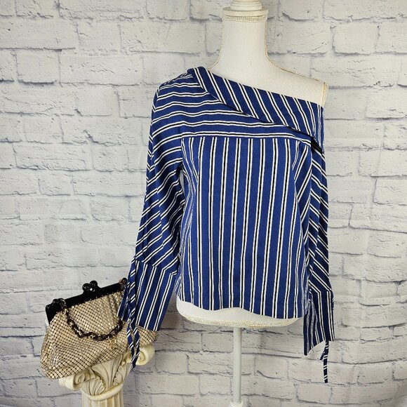 Topshop Tops - Topshop Sz 4 US Blue Black Striped One Shoulder Tie Sleeve Top Blouse FLAW READ